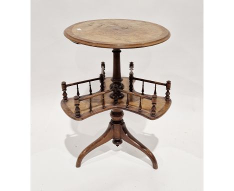 19th century walnut two-tier circular whatnot, the second tier with revolving triform shelf with spindled gallery rail, raise