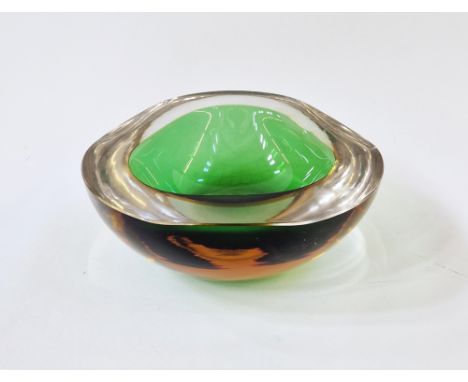 Murano glass Sommerso Geode bowl of triangular form, amber and green colourway, 7cm high, 18cm diameterCondition ReportLight 