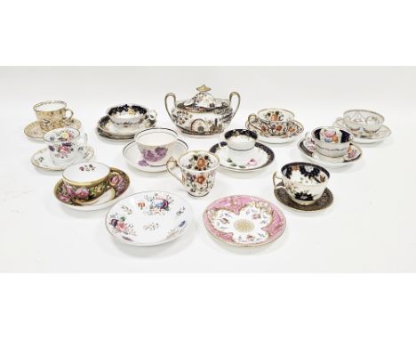 Group of 19th century English pottery and porcelain teawares, including: a pearlware transfer printed teacup and saucer, a Co