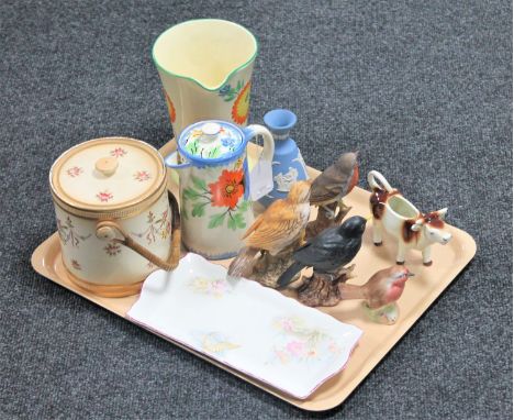 A tray of Crown Devon Fieldings biscuit barrel, Crown Ducal jug, Arthur wood teapot, bird figures, Wedgwood Jasperware vase e