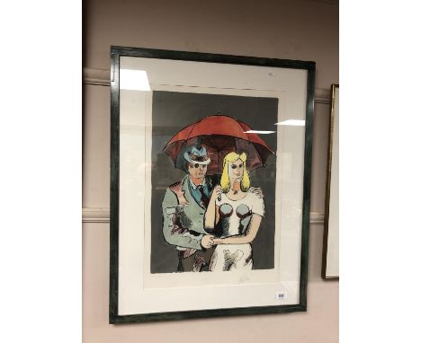 After Helion : Figures in the rain, lithographic print, limited edition, signed in pencil, 44 cm x 63 cm 