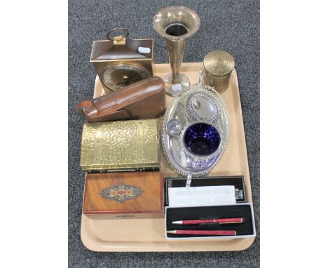 A tray of vintage camera, brass trinket box, pen set, fluted vase, silver plated items, brass clock etc 