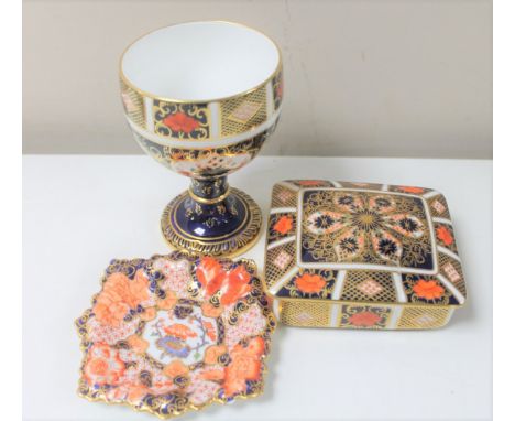 A Royal Crown Derby goblet 1128 together with trinket pot and gilded dish