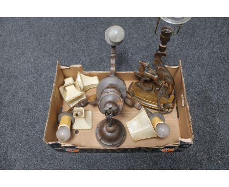A beech three branch chandelier and a beech figural table lamp of a deer 