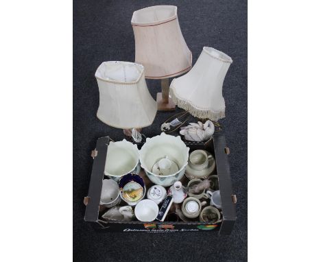 Two marble table lamps together with an Italian figural lamp and a box containing china 