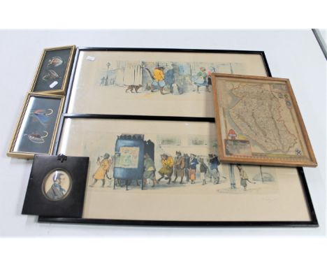 Two antique framed signed French prints of cats together with two framed sets of fishing flies, framed map of Lincolnshire an