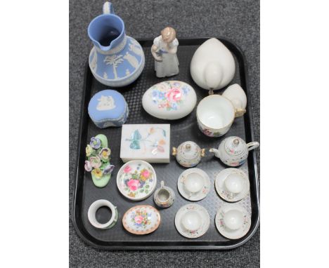 A tray of decorative china items, Royal Albert trinket pot, Danish figure of a girl, Wedgwood jug 