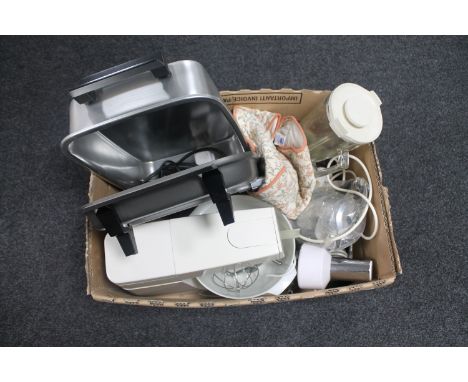 A box of Kenwood food mixer, blender, stainless steel tea service 