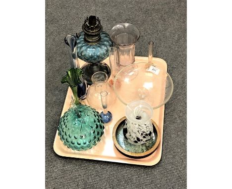 A tray of Victorian and later glass ware, oil lamp base etc