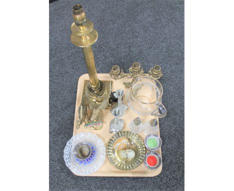 A tray of metal and brass ware, brass figure of an eagle, lamp base, vases etc 