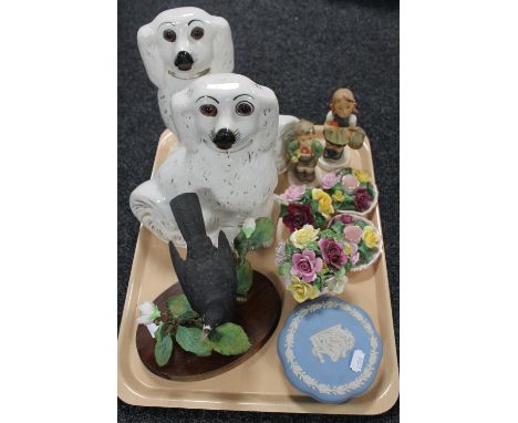 A tray of pair of Staffordshire dogs, Hummel figures, Wedgwood trinket pot, bird figure etc 