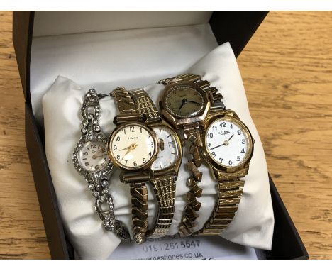 A lady's 9ct gold wristwatch on plated expansion strap, together with two Rotary watches, a Timex watch and a Ciro watch