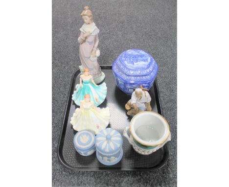 A tray of Nao figure - girl with fan, Two Royal Doulton figures; April Sweet Pea and January Carnation, Wedgwood Jasperware, 