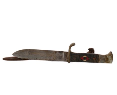 GERMAN HITLER YOUTH KNIFE, enamelled swastika on chequered black plastic grip, in steel scabbard, the blade with circular mak