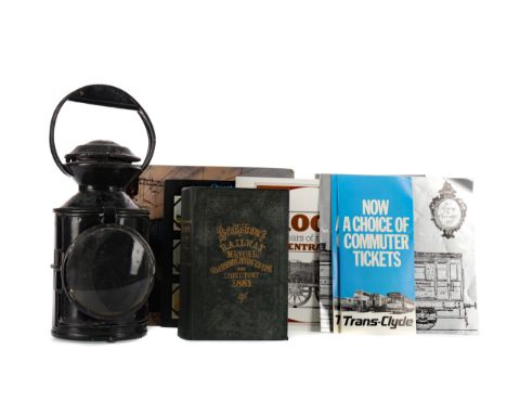 BRITISH RAILWAY MANUAL, SHAREHOLDERS GUIDE AND DIRECTORY 1881, along with a black lacquered coach lamp, and a selection of re