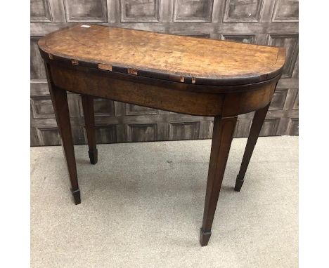 REGENCY PLUM PUDDING MAHOGANY AND ROSEWOOD CROSSBANDED ‘D’ SHAPED TURN OVER CARD TABLE, the hinged cover revealing a baize li