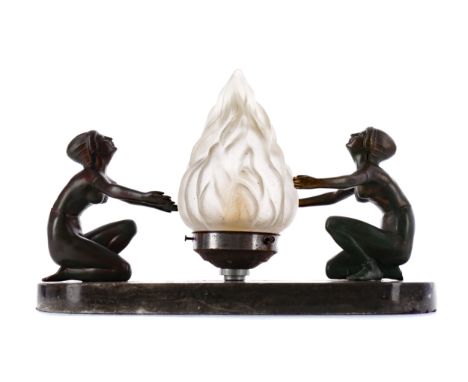 ART DECO FIGURAL TABLE LAMP, the central frosted glass flame-form shade flanked by two bronzed spelter flapper girls, on an o