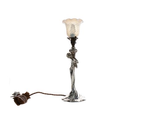 ART NOUVEAU SILVER PLATED FIGURAL TABLE LAMP, circa 1900, by WMF, modelled as a young lady holding aloft an oversized bud, wi