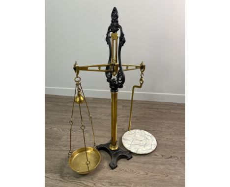 SET OF LATE VICTORIAN BEAM SCALES BY W.T. AVERY, brass and black lacquer, with opposing brass dish and marbled ceramic plate,