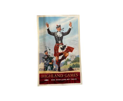 BRITISH RAILWAYS - HIGHLAND GAMES POSTER, circa 1950s, 'see Scotland by train', original lithograph, By Lance Cattermole, 101