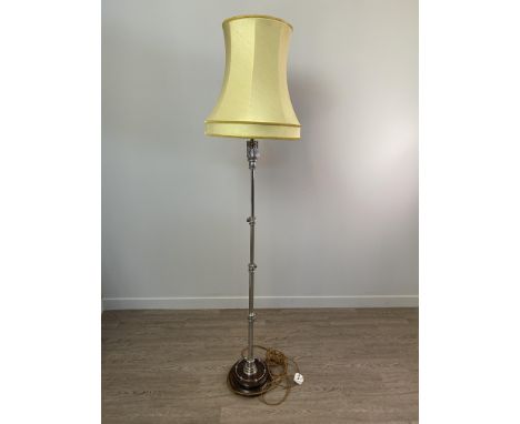 EARLY 20TH CENTURY CHROME TELESCOPIC FLOOR STANDING LAMP, with a polished wood circular base, extended height 140cm, with sha