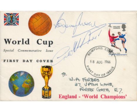 Football Bobby Moore and Geoff Hurst signed World Cup Special Commemorative FDC PM Romford Essex 18 Aug 1966 First Day of Iss