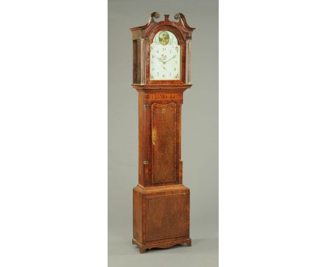 A 19th century oak and mahogany banded longcase clock, with painted dial and thirty hour movement, the case with quarter colu