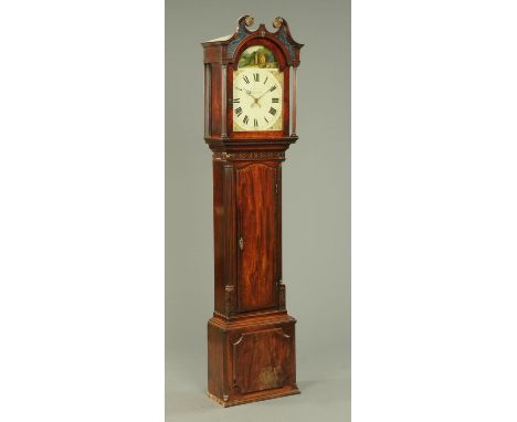 A George III mahogany longcase clock by Mitchell of Cockermouth, with Verre Eglomise swans neck pediment, arched painted dial