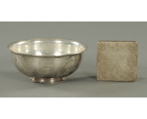 A Sterling silver bowl, inscribed "David Montgomery Hart 1927", 276 grams, and a Sterling silver powder compact inscribed "Ur