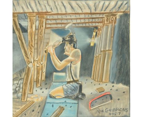 Ron Gribbons, pastel, miner with axe.  60 cm x 60 cm, framed, signed and dated 1957.