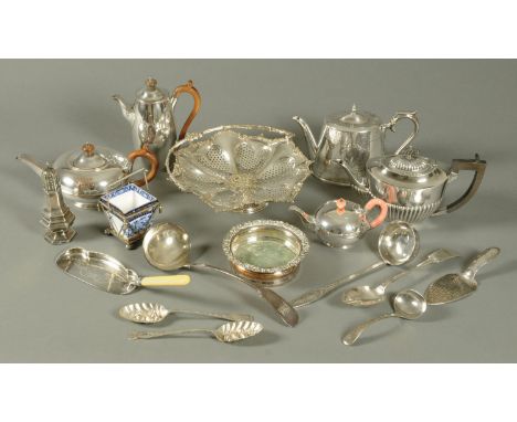 A collection of silver plated items, four teapots, hot water jug, basket, decanter stand, three ladles, berry spoons, gravy s