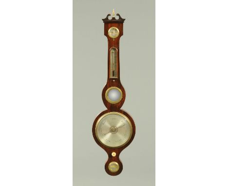 A 19th century rosewood banjo barometer, with hygrometer, thermometer, mirror and level.  Height 96 cm. 