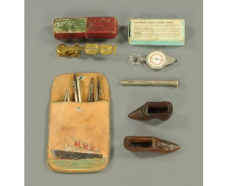 A sovereign scale, cased, combined map measurer and magnetic compass, cased. two green shoes, silver coloured propelling penc