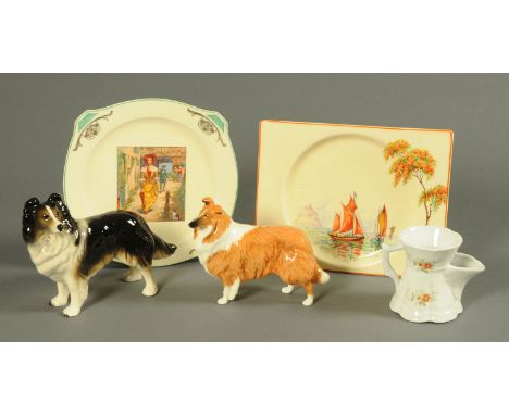 Two Beswick dogs, "Lochinvar of Lady Park" and another, a shaving mug and two Art Deco plates. 