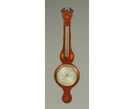 A George III mahogany barometer, with inlaid case and marked "F. Bates, Market Harbro".  Height 98 cm.    CONDITION REPORT:  