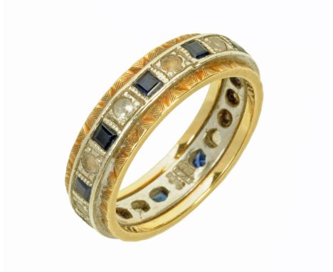 A 9 ct white and yellow gold full eternity ring, set with synthetic square sapphires and round cut white spinels, size K/L.