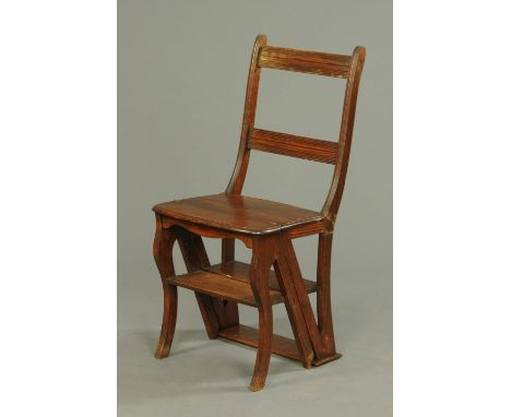 A late 19th century oak metamorphic step chair.   CONDITION REPORT:  The chair does not have any replacement parts.  There is