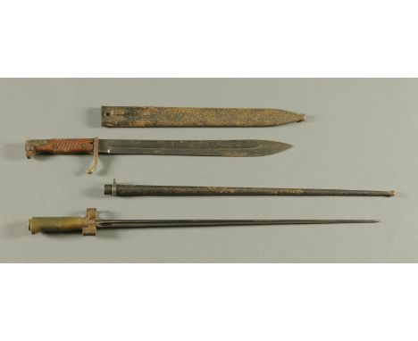 A Lebel MEL 1886 rifle bayonet, with scabbard, and a World War One Mauser bayonet. 