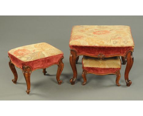 A Victorian mahogany square footstool, with tapestry top and velvet sides and raised on four cabriole legs terminating in scr