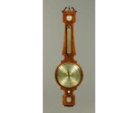 A large early 19th century mahogany barometer, by Whitehurst & Sons, Derby, with crossbanded boxwood and ebony strung case.  