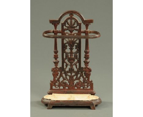 A Victorian cast iron hall stick stand, with drip tray.  Height 50 cm.    CONDITION REPORT:  Height 50 cm, width 32 cm, depth