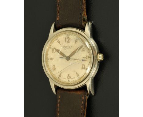 A vintage gentleman's Vertex stainless steel wristwatch.  Case diameter 34 mm. 