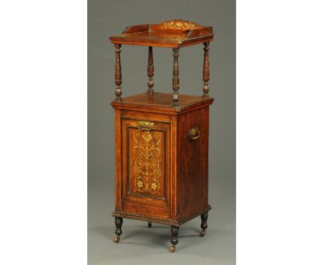 An Edwardian inlaid rosewood purdonium, with three quarter gallery, two open shelves and fall front coal receiver, the whole 