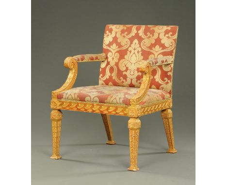 A giltwood Gainsborough style armchair, with pink and beige patterned upholstery, raised on legs of square section.  Width ac