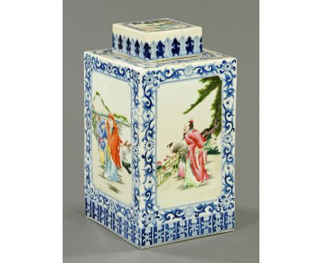 A 19th century Chinese tea caddy, square, with six character mark to base Xianfeng circa 1851-1861.  Height 36 cm (see illust