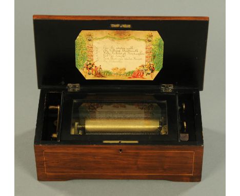 A Victorian inlaid mahogany cased musical box, playing six airs, with 15 cm cylinder.  Case length 34.5 cm.    CONDITION REPO