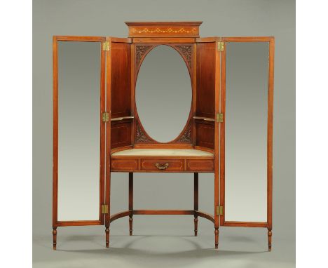 An Edwardian inlaid mahogany dressing stand, with centre oval mirror, marble top, frieze drawer and flanked on either side by