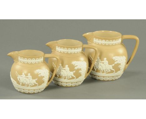 Three Copeland graduated relief moulded salt glazed hunting jugs, and a similar cheese dish with cover.     CONDITION REPORT: