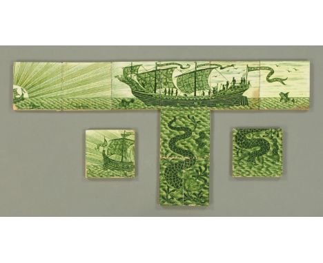 Ten William de Morgan green glazed tiles, depicting a partially complete maritime scene.  Each tile 15.5 cm square (see illus