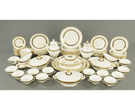 A Royal Doulton Harlow pattern dinner service, 13 dinner plates, 12 side plates, 8 large soup bowls, 10 dessert bowls, 12 fru